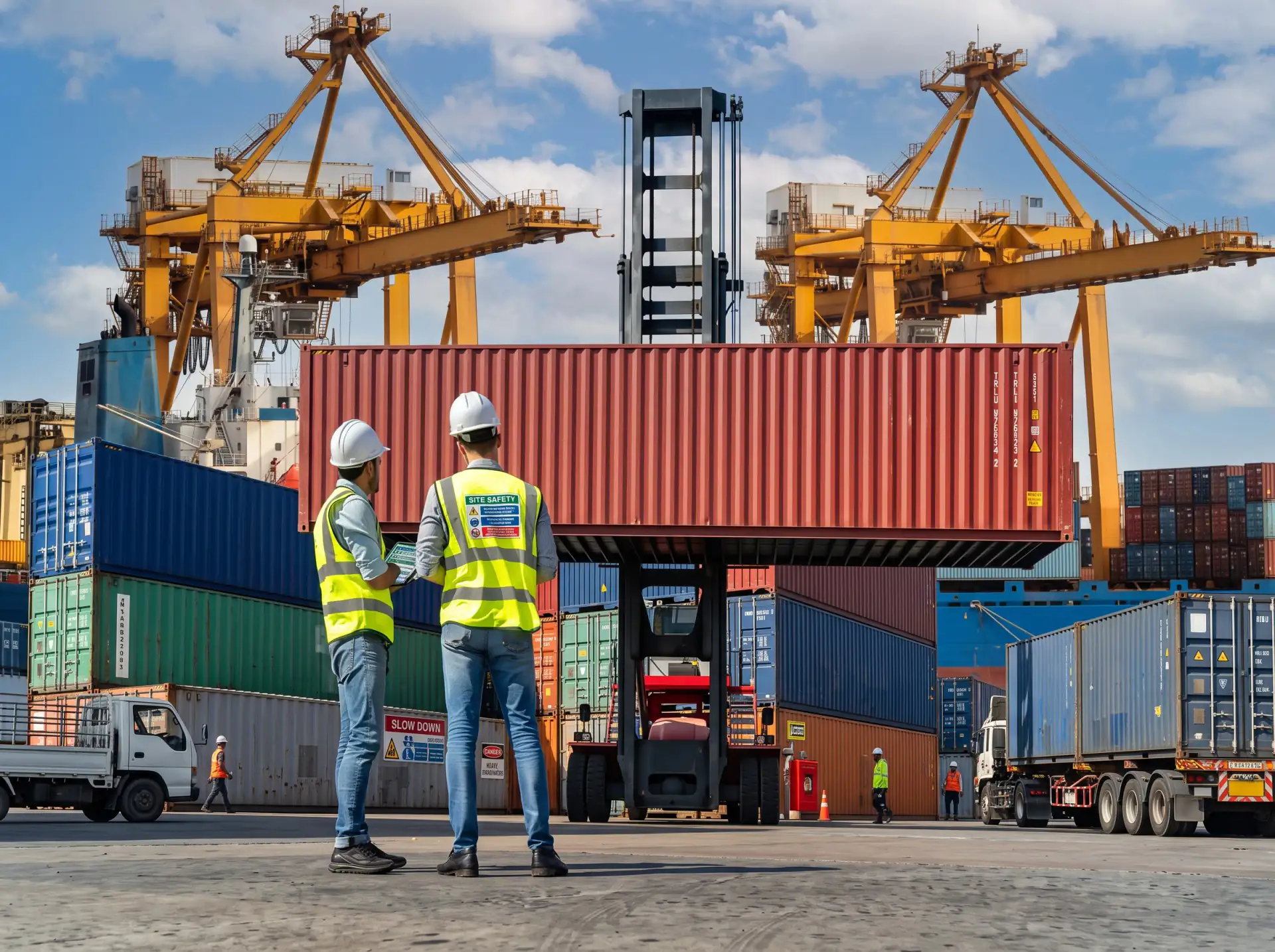 Export team inspecting shipping containers at a port